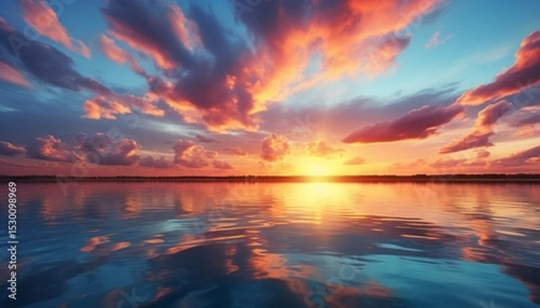 Obraz The sunset lights up the sky and water with fiery and peaceful colors. A quiet moment on the edge of day and night.