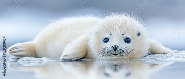 Fototapeta A cute baby seal resting on ice. AI.