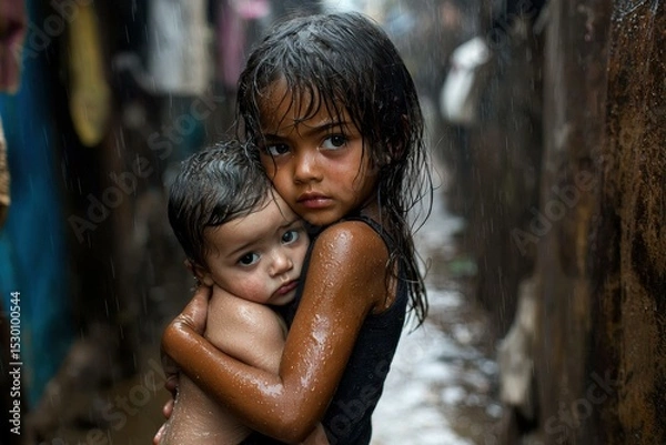 Fototapeta Children huddle together in the rain. AI.