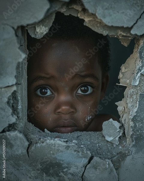 Fototapeta A child looks through a hole in a wall. AI.
