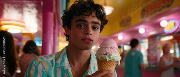 Fototapeta Enjoying a delicious ice cream cone. AI.