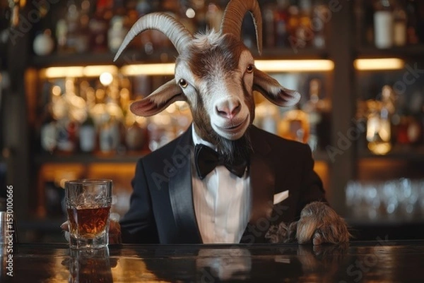 Fototapeta Goat in a tuxedo at the bar. AI.