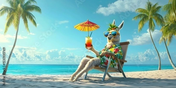 Fototapeta Llama relaxing on the beach with a cocktail. AI.