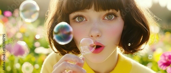 Fototapeta A young woman blowing bubbles in a field. AI.