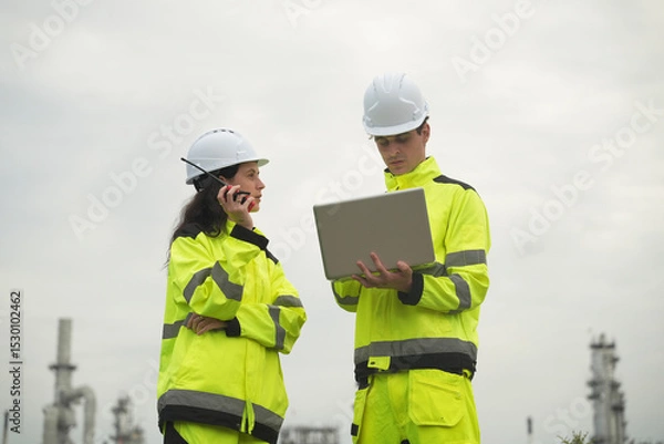 Fototapeta Engineers discuss project details at construction site during cloudy afternoon