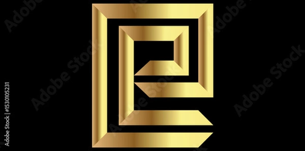Fototapeta Golden Alphabet e Isolated On Black Background, Decorative Alphabet e Vector Illustration.	