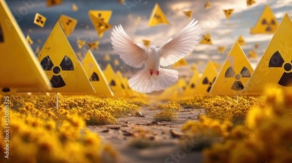 Fototapeta A white dove in flight its wings spread against a surreal backdrop of yellow radioactive warning symbols and a dystopian post apocalyptic environment