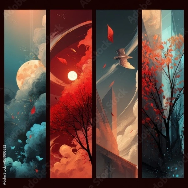 Fototapeta A dreamlike surreal landscape with a glowing moon silhouetted trees and ethereal clouds and birds creating a sense of wonder and imagination