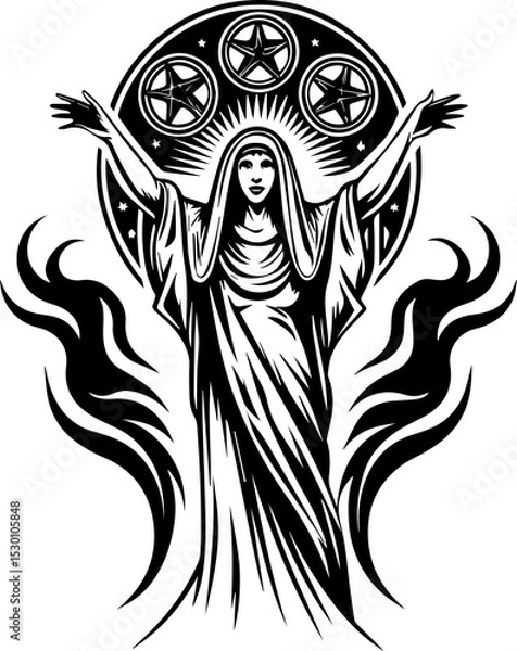 Fototapeta Sea witches summon ocean magic weaving mystic sorcery through mythical tides. Elegant Lady with Outstretched Arms Surrounded by Stars and Flames