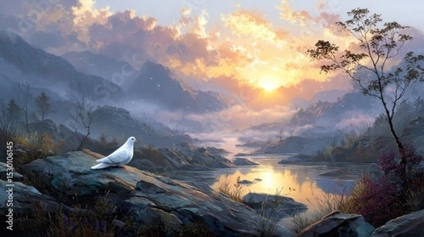 Fototapeta A tranquil mountain lake reflecting the vibrant hues of the sunset sky with a solitary bird perched on a rock amid the peaceful natural scenery