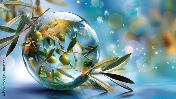 Fototapeta Delicate olive branches gracefully reflected in a transparent glass sphere creating a serene and harmonious natural scene