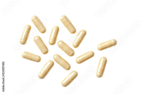 Fototapeta Collection of beige dietary capsules scattered isolated on transparent background
