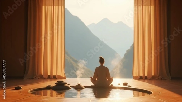 Obraz Woman meditating in lotus position overlooking mountains from indoor pool area