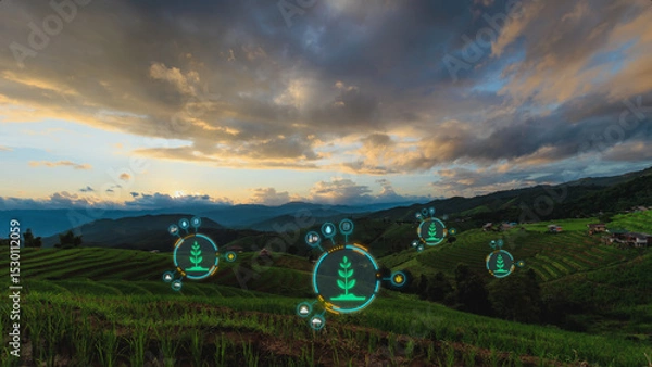 Fototapeta Agriculture Technology Innovation: Digital Data Symbols on Rice Fields at Sunset, Precision Farming, and Advanced Agricultural Concepts