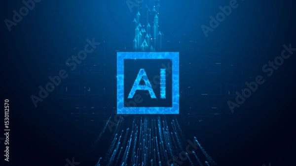 Fototapeta A digital representation of artificial intelligence, featuring a glowing blue 'AI' logo surrounded by flowing data streams in a futuristic setting.