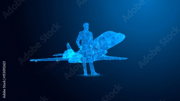 Fototapeta A futuristic representation of a pilot standing beside a sleek jet, depicted in a glowing blue digital design, symbolizing innovation in aviation.