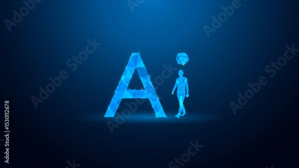 Fototapeta Futuristic concept of artificial intelligence with a blue glow. A human figure stands beside a stylized letter 'A', symbolizing innovation and progress.