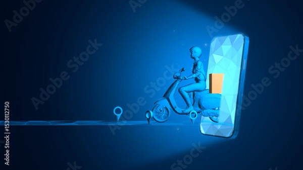 Fototapeta Futuristic Online Delivery Girl on Scooter Emerging from Smartphone with Digital Navigation, E-Commerce and Logistics Concept