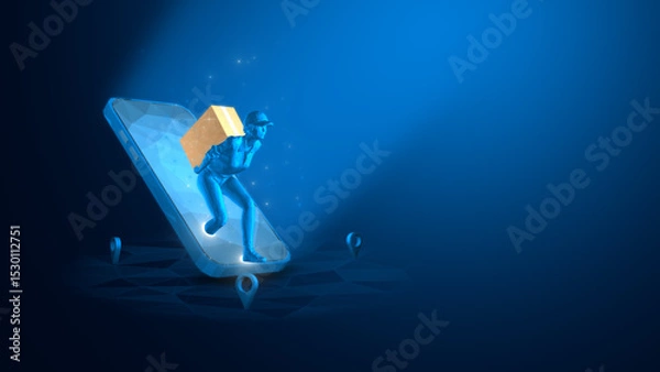 Fototapeta A digital illustration of a courier delivering a package using a smartphone interface in a dynamic modern setting.