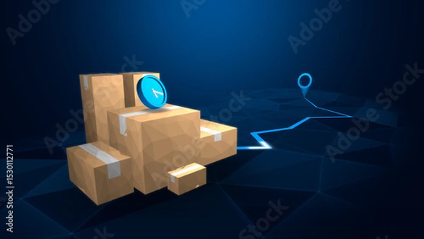 Fototapeta A digital representation of delivered packages with a tracking point on a blue background, symbolizing logistics and transport.