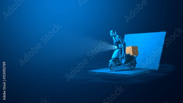 Fototapeta Futuristic Delivery Girl Riding Smart Scooter with Parcel in Digital World, Online Shopping and Logistics Concept in Cyber Technology