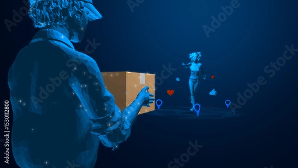 Fototapeta A futuristic depiction of a person interacting with augmented reality, delivering a package in a digital environment.