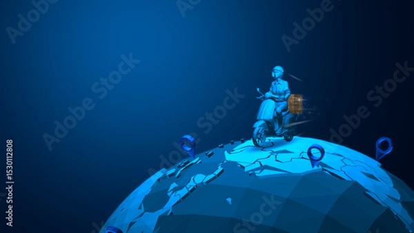 Fototapeta Futuristic Delivery Rider on Motorcycle Navigating Digital Global Map with GPS Markers, Technology and Logistics Concept