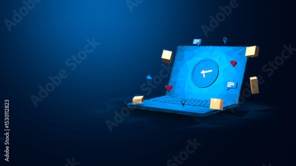 Fototapeta A modern blue laptop with digital icons representing connectivity, communication, and online activity on a dark background.