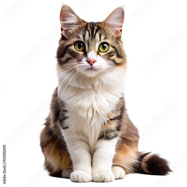 Fototapeta Adorable fluffy cat sitting isolated on a white background ai generated png
