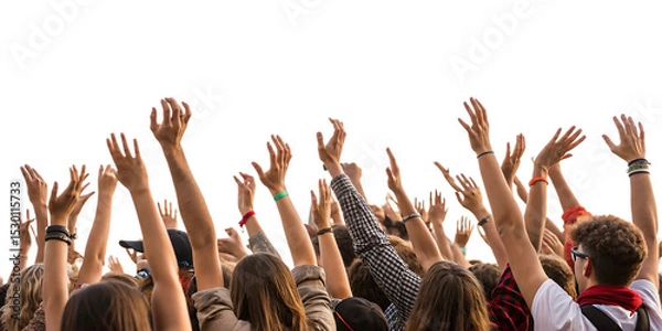 Fototapeta excited crowd with raised hands at concert isolated on a white - background - PNG. GENERATIVE AI