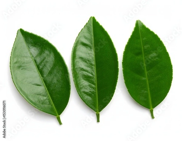 Fototapeta Three vibrant lime leaves displayed elegantly Isolated on white background. The leaves appear fresh and healthy, demonstrating nature's beauty