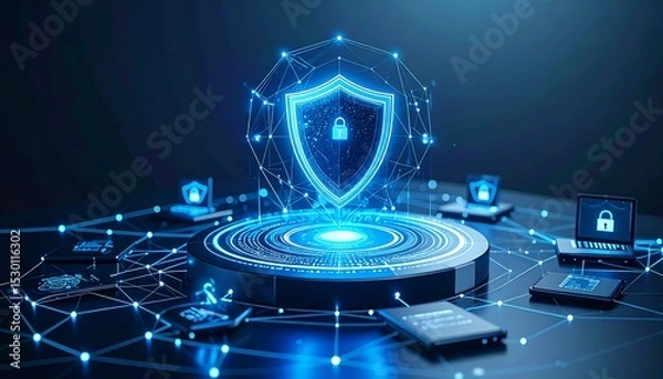Fototapeta Cyber security shield protects digital devices
