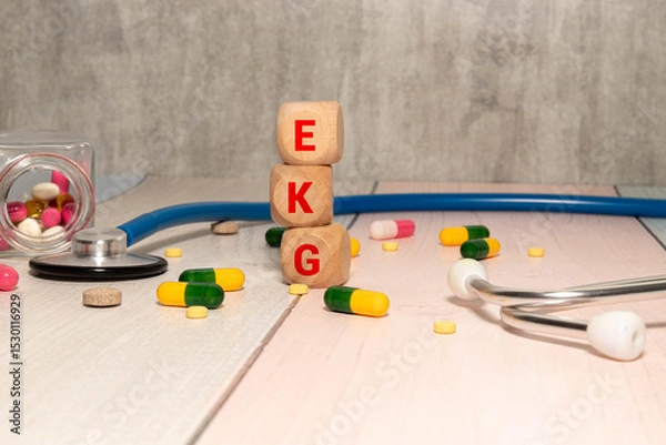 Fototapeta A coloured wooden cubes with text EKG. EKG stands for Electrocardiogram.