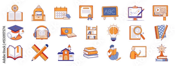 Fototapeta A set of 24 education and learning icons in a blue and orange colors, depicting various academic elements such as books, diplomas, smartboards, online learning, school buildings, and graduation cap.