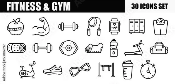 Fototapeta A set of 30 fitness and gym outline icons, like an apple with a measuring tape, bicep, dumbbells, jump rope, smartwatch, lockers, scale, yoga mat, resistance band, pull-up bar, shaker bottle, and othe
