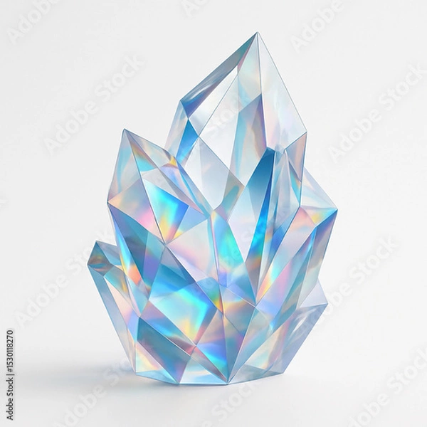 Fototapeta Abstract crystalline structure in 3D, translucent facets with refracted rainbow light, clean white background, futuristic and elegant.