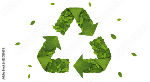 Obraz Conceptual image A recycling symbol intricately formed from numerous fresh green leaves. Soft shadows beneath the leafy structure suggest a three-dimensional effect. Eco-frien.