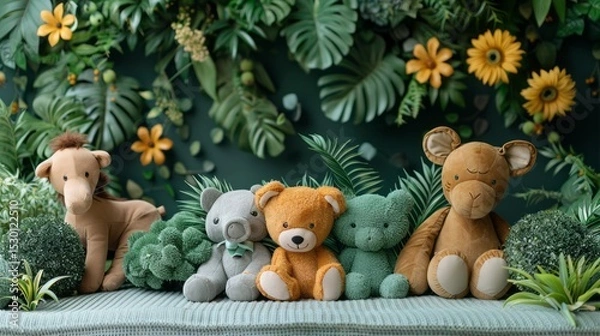 Obraz Plush friends in a tropical garden ready for playtime