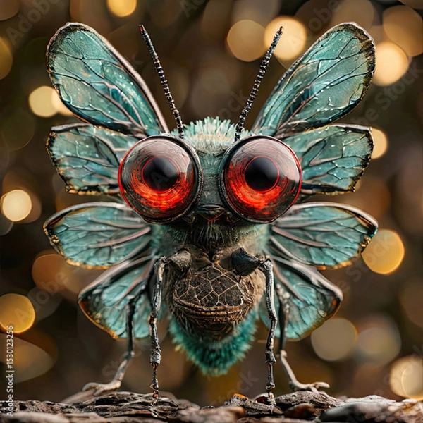 Fototapeta An angry, aggressive, fantastic insect with big eyes. Bokeh on the background.