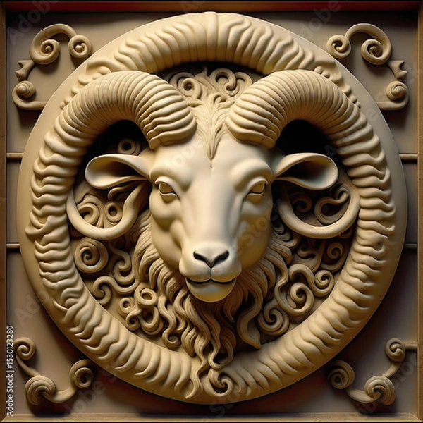 Fototapeta A round rosette is a shield, the size of a ram's head. Gothic architectural decoration. Baroque art. AI generated content.