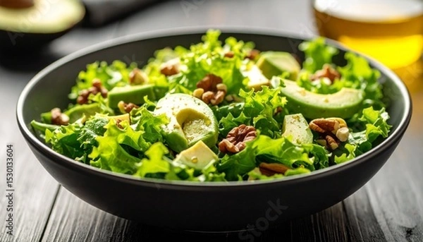 Fototapeta Close-up of a salad bowl with leafy greens, avocado slices, nuts, and a drizzle of olive oil, healthy breakfast eating concept