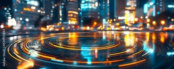 Obraz Circular light trails on a reflective surface with a blurred city background.