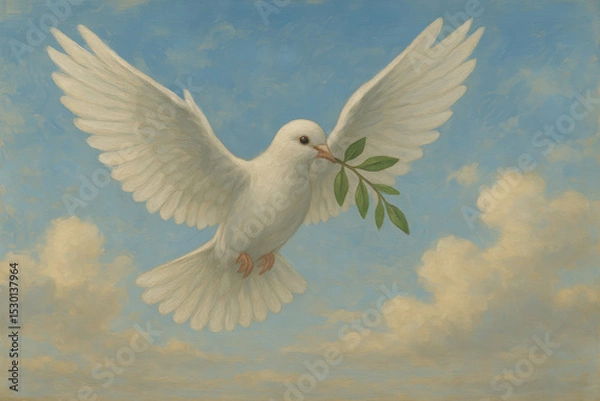 Obraz White Dove of Peace with Olive Branch – Biblical Symbol of Hope, Spirit, and Divine Promise in the Sky