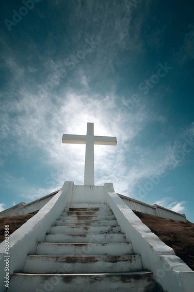 Obraz Ascending Stairs to a Large Cross Under Blue Sky
