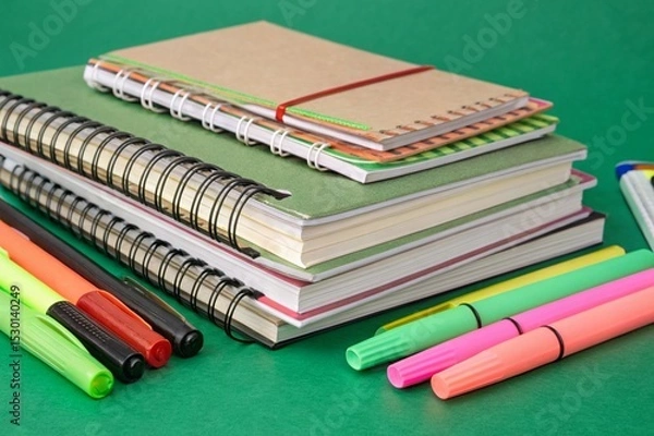 Fototapeta Stacked notebooks, pens, and highlighters on green background. Modern educational stationery layout. Clean, colorful, minimal composition perfect for school, office, or study-themed stock visuals.