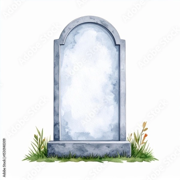 Obraz Grey Watercolor Tombstone with Grass and Flowers