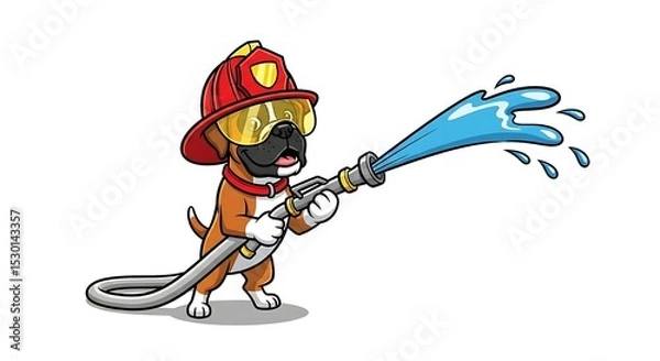 Fototapeta Heroic cartoon dog dressed as a firefighter with helmet and hose. Rescue animal character on white background.