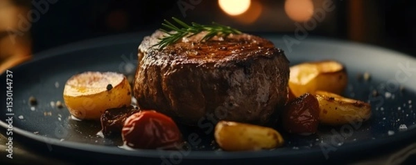 Obraz Roasted steak with roasted vegetables on a dark plate.