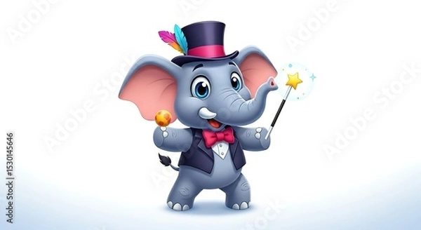 Fototapeta Charming cartoon elephant magician with top hat and wand, performing tricks. Magical circus-style character on white background.