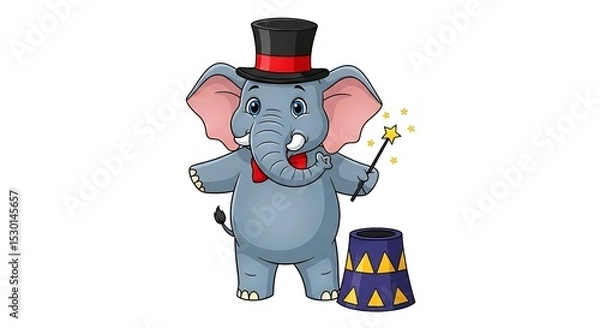 Fototapeta Charming cartoon elephant magician with top hat and wand, performing tricks. Magical circus-style character on white background.